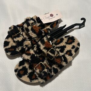 Leopard Slides Sandals Womens 6 Fleece Sherpa